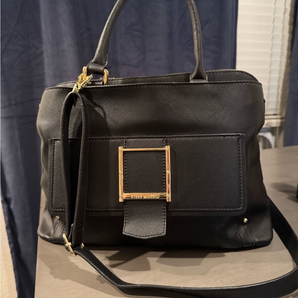 Steve Madden Black Saffiano Satchel with Gold Hardware